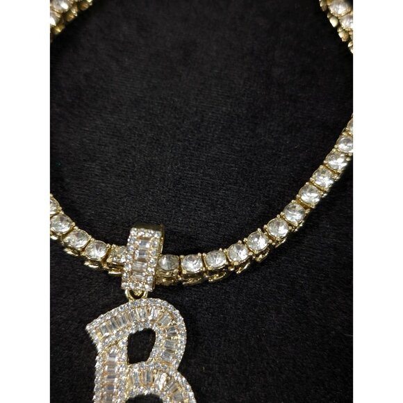 Gold Tone Rhinestone Baguette Tennis Necklace Initial Letter B Pendant BLING - Picture 6 of 14
